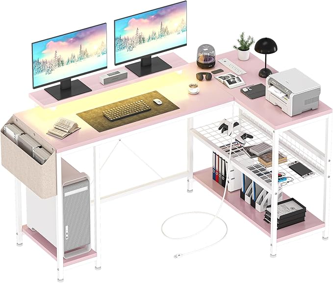 Jojoka L Shaped Computer Desk with Power Outlets &amp LED Light 49.6 Reversible Corner Computer Desk with Storage Shelves &amp Monitor Stand Home Office Desk Gaming Desk Writing Desk (Pink)