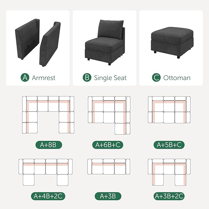 HONBAY Ottoman Module for Modular Sectional Sofa Couth Storage Ottoman Ottoman Bench for Living Room - Snowflake Velvet Grey