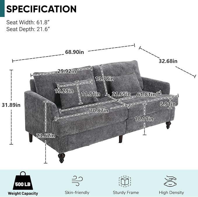 JOYBASE 70 inch Loveseat Sofa Mid-Century Modern Love Seat Couch with Wood Legs Upholstered Comfy Sofa for Living Room Apartment Office Bedroom (Grey Chenille)