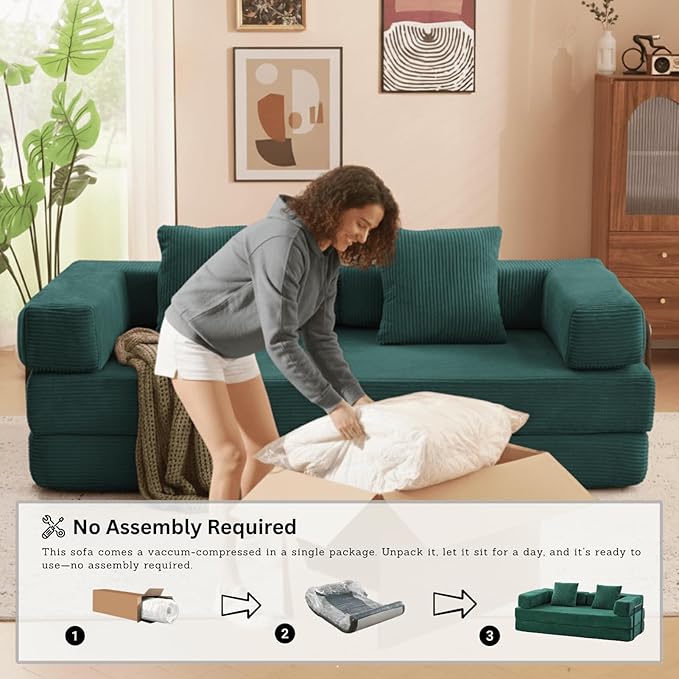 4-in-1 Folding Convertible Sofa Bed 77 Floor Couch with Pillow - Corduroy Fabric &amp High-Density Sponge &amp Fixed-Shape Frame Modular Sofa for Living Room/Lounge/Studio Green
