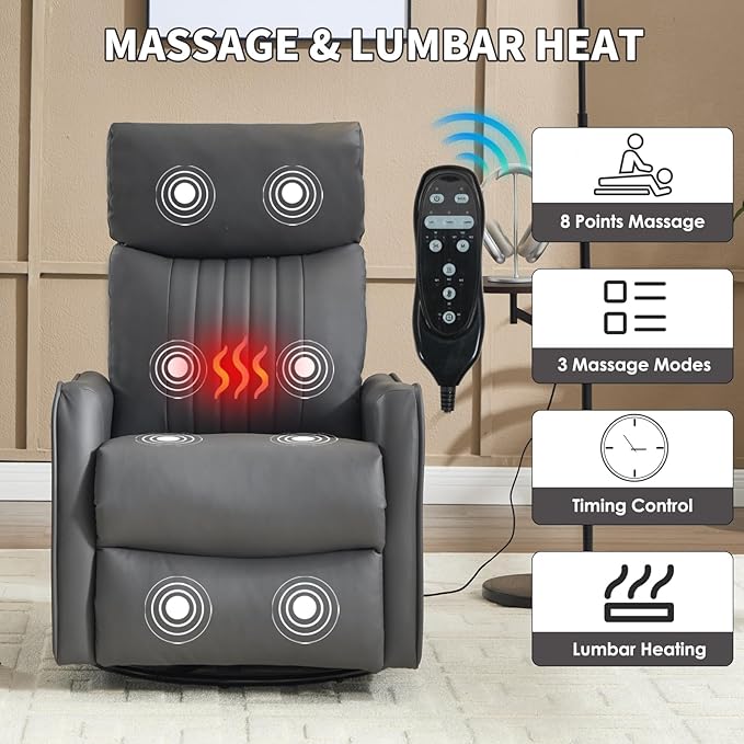Swivel Rocker Recliner Chair 360° Swivel Recliner with Heat and Massage Rocker Recliner Nursery Glider Chair with Side Pockets for Living Room (Grey Faux Leather)