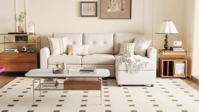 LINSY HOME Modular Sectional Sofa with Ottoman - Rubik III Deep Seat Couches with Storage Seats &amp Removable Cover Modern Comfy L-Shape Sofa for Living Room Bedroom Apartment Office Beige