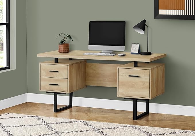 Computer Desk Home Office Laptop Left Right Set up Storage Drawers 60 l Work Natural Laminate Black Metal Contemporary Modern