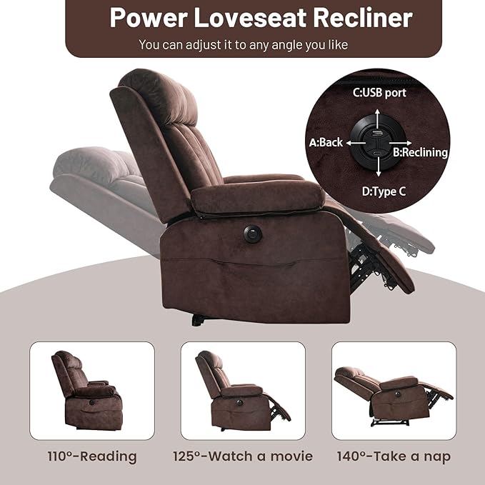 Power Reclining Loveseat with Console Electric Double Recliner with USB/Type C/Side Pocket/Cup Holders RV Recliners Wall Hugger Reclining Loveseat for Living Room &amp RV &amp Home Theater