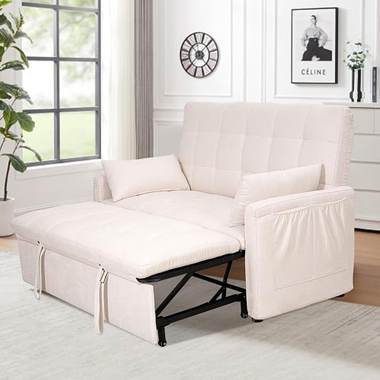 Oversized 3-in-1 Convertible Sleeper Sofa Bed Futon Couch with Pullout Bed 2-Seater Loveseat Sofa w/Pockets Adjustable Backrest and Pillows for Living Room Apartment (White-Button Tufted)