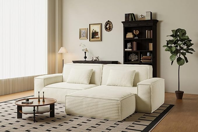 106 Cloud Sectional Couch with Deep Seat No Assembly Required Modern Upholstered Boneless Couches with 2 Pillows Full Sponge Compressed Sofa for Living Room/Apartment (Beige + Ottoman)