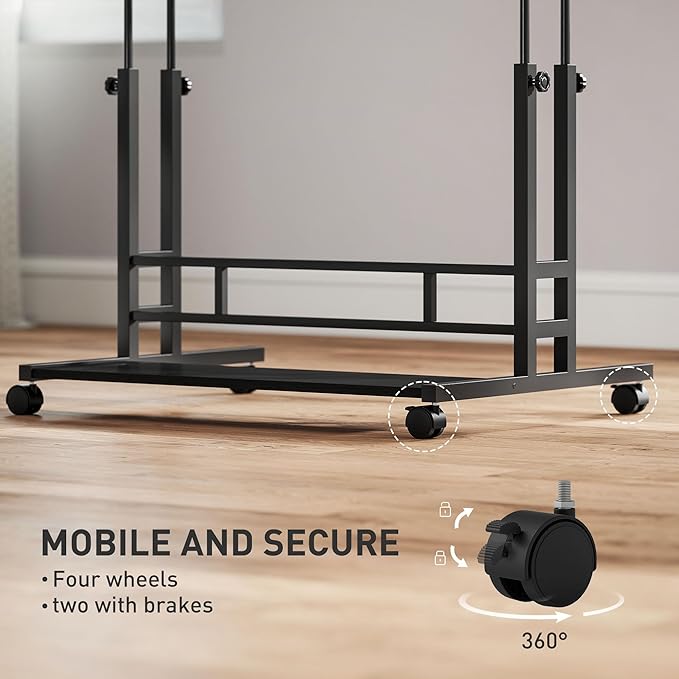 HOMCOM Height Adjustable Standing Desk with Power Outlets Stand Up Desk with Tiltable Tabletop Lockable Wheels Bottom Shelf Rolling Workstation for Home Office Black
