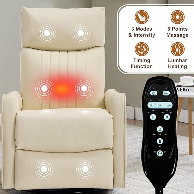 PELUMY 360 Swivel Rocking Recliner Chair for Adults Nursery Rocking Chair with Heat and Massage Glider Reclining Chair for Small Space Living Room Bedroom (Breathable Leather Creamy Beige)
