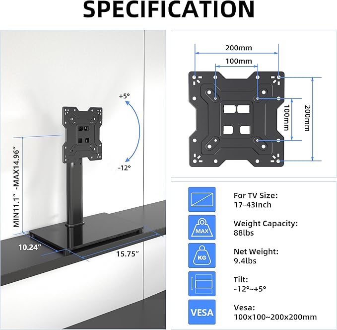 Universal TV Stand Base Table Top TV Stand for 17-43 Inch LCD/LED TVs Height Adjustable Monitor Mount Stand with Tempered Glass Base Holds up to 88lbs VESA 200x200mm TS103