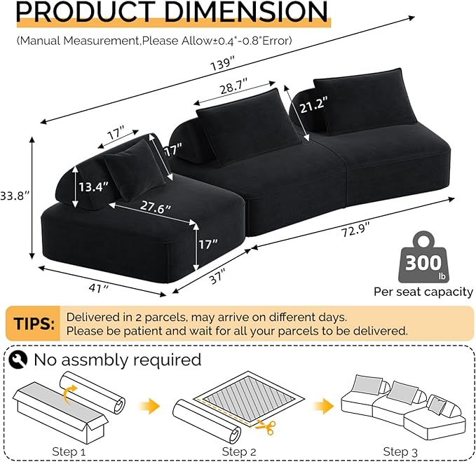 139 Oversized Modular Sectional Sofa Set Chenille Cloud Boneless Couch with Removable Backrests &amp Soft Pillows No Assembly Required DIY Upholstered Sofa Bed for Living Room (Dark Gray)