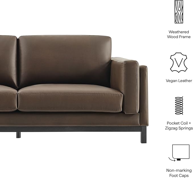 Modway Roscoe 81 Inch Vegan Leather Sofa in Espresso - Comfortable Faux Leather Deep Seat Couch for Living Room Apartment or Office Seating