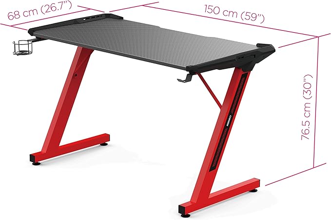 GAMDIAS Zeus Large Gaming Desk with Carbon Fiber Look Surface Home Office Computer Table Gamer Workstation with The Cup Holder and Headset Holder