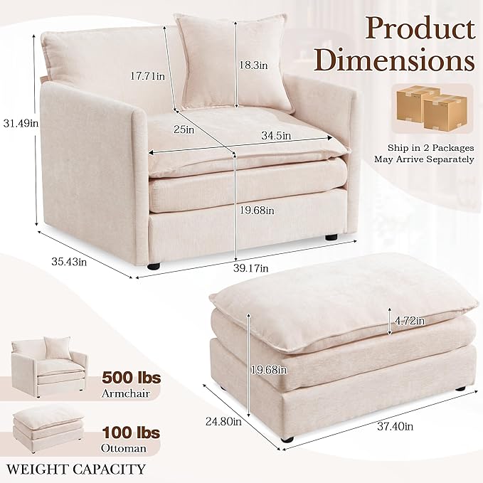 SLEERWAY Oversized Chair with Ottoman Set Modern Comfy Chenille Living Room Large Single Cloud Couch Accent Lounge Chair Indoor and A Half for Bedroom Office Apartment Beige