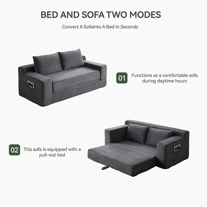 73 Convertible Sofa Bed Pull Out Boneless Loveseat Sleeper Sofa Corduroy Foldable Couch Bed with Storage Bag No Assembly Couch in a Box for Living Room Apartment (Grey)