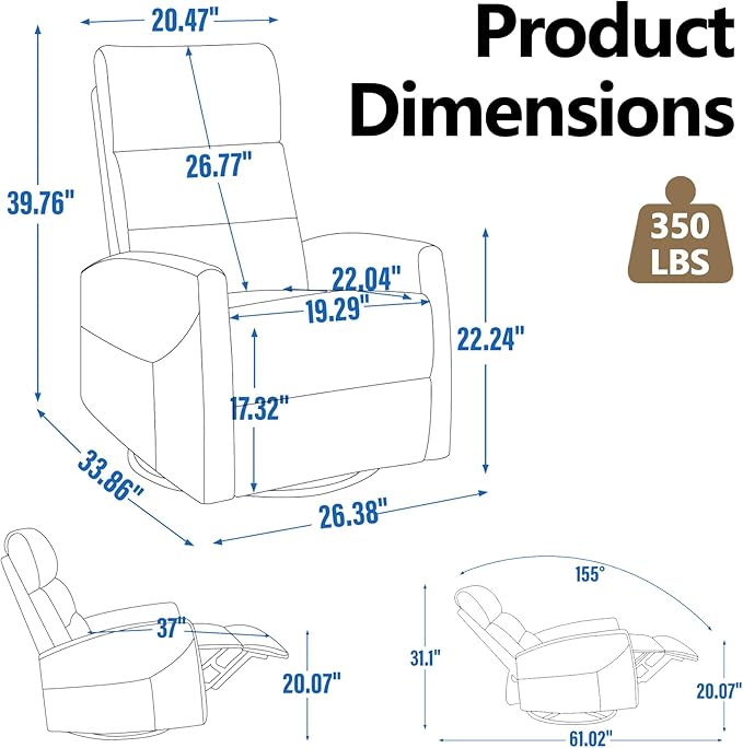 Slim Lazy Boy Recliners for for Adults Swivel Rocking Chair Recliner with High Back Small Recliner Chair for Small Spaces Manual Reclining Chair for Living Room Adjustable Footrest (Khaki)