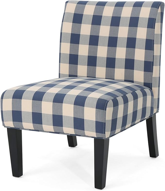 Christopher Knight Home Kendal Accent Chair Upholstered Farmhouse-Style Blue Checkerboard Matte Black Rubberwood Legs 29.2D x 22.5W x 32H in