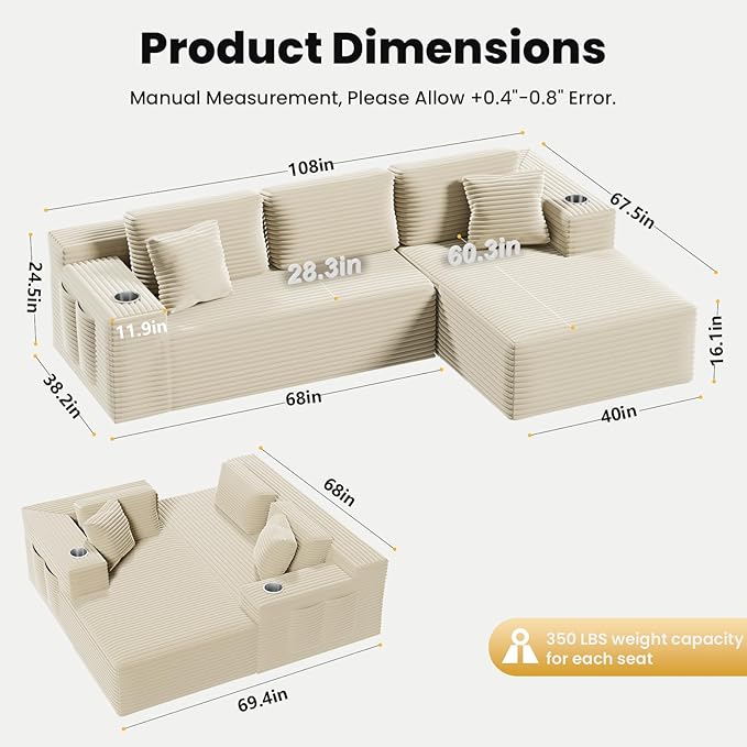 Bashaw 108 Cloud Sectional Couch Sofa with L-Shape Chaise Modern Modular Sofa Couch Upholstered Couches for Living Room Bedroom No Assembly Required (Beige Right Facing Chaise)