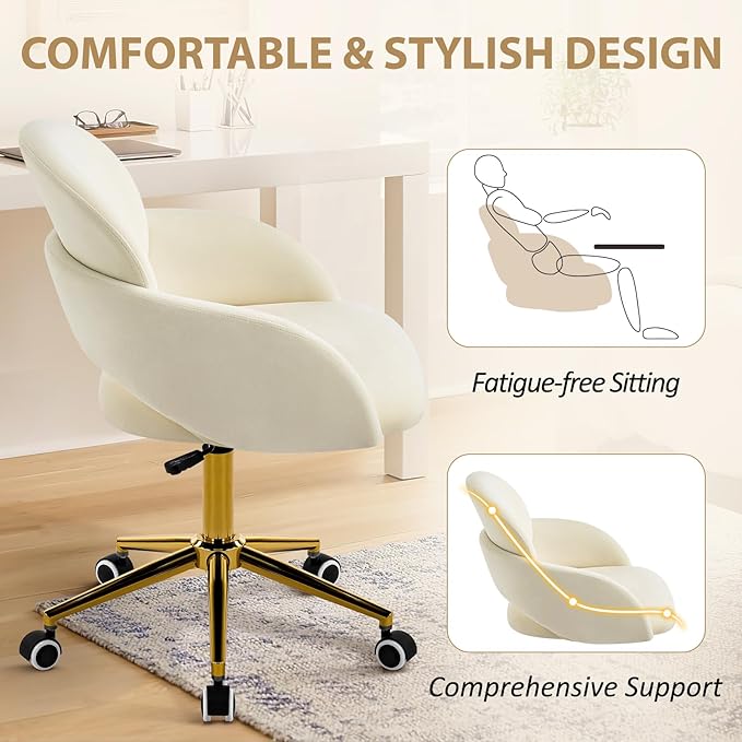 Furniliving Vanity Chair with Wheels Cute Upholstered Office Chair with Hollow-Out Back Height Adjustable Rockable Accent Chair with Gold Metal Base for Bedroom Makeup Room or Living Room (White)