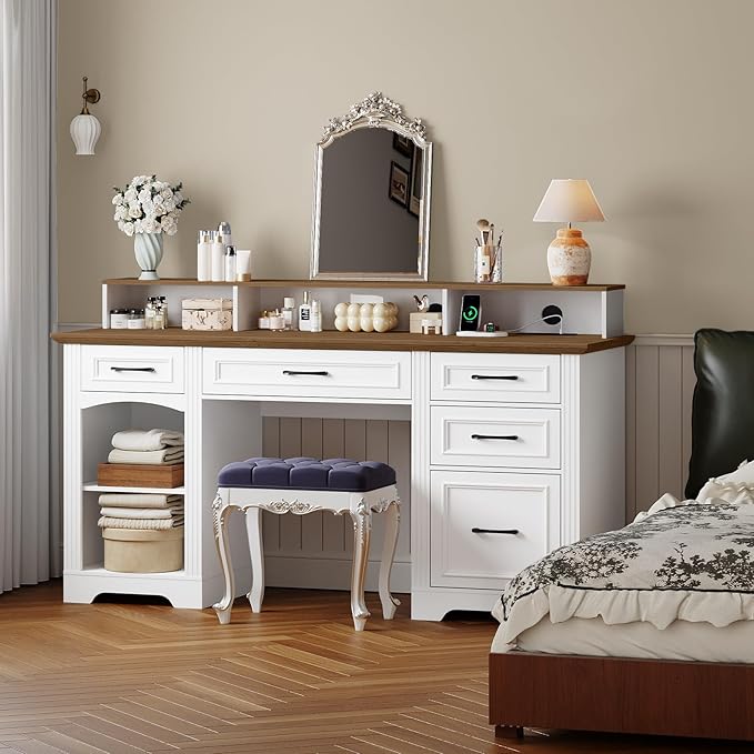 58 Executive Desk Farmhouse Computer Desk with Drawers Wooden Office Desk with File Cabinet Charging Station Monitor Stand for Work and Study White and Walnut CDBZ10E01