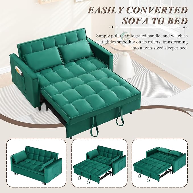 3 in 1 Convertible Sleeper Sofa Bed Futon Couches for Living Room with Side Pocket/Adjustable Backrest Velvet Upholstered Pull Out Couch Small Loveseat Sofa Bed for Bedroom Office Small Spaces