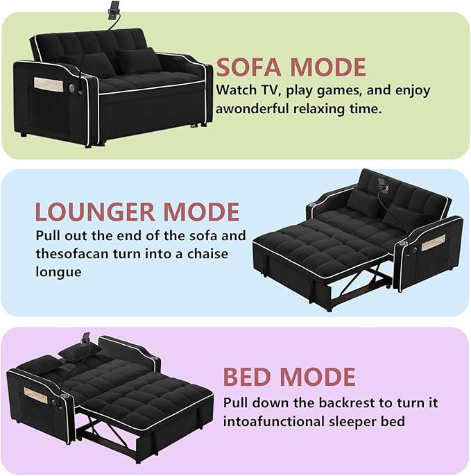 3 in 1 Convertible Sofa Bed Velvet Pull Out Couch Bed w/ Adjustable Back Love Seat Sleeper Beds w/ USB Ports &amp Cup Holders Phone Stand Full Size Futon Couch for Living Room Small Spaces (Black