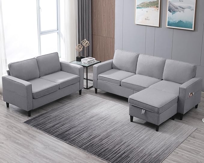 PUREMIND 2 Piece Living Room Sofa Set L Shaped Sectional Couch and Loveseat Sets Modern Linen 3 Seater Sofa with Storage Ottoman + 2-Seat Love Seat Furniture Sets for Apartment