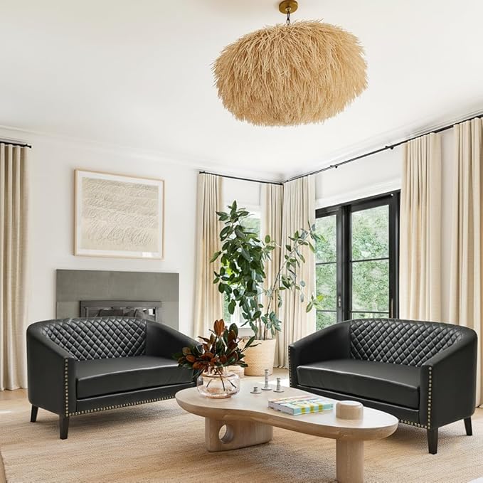 50 Faux Leather Small Barrel Love Seats Set of 2 Diamond Tufted Back Compact Loveseats Sofas with Nailhead Trim Modern 2-Seater Couches with Solid Wood Legs for Small Spaces Apartments Black