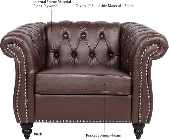Leather Chair Living Room Single Sofa Medieval Retro Tufted Cushion Accent Sofa Chair with Rolled Arms and Nailhead Cigar Chair for Bedroom Office Apartment Club Chairs (Dark Brown)