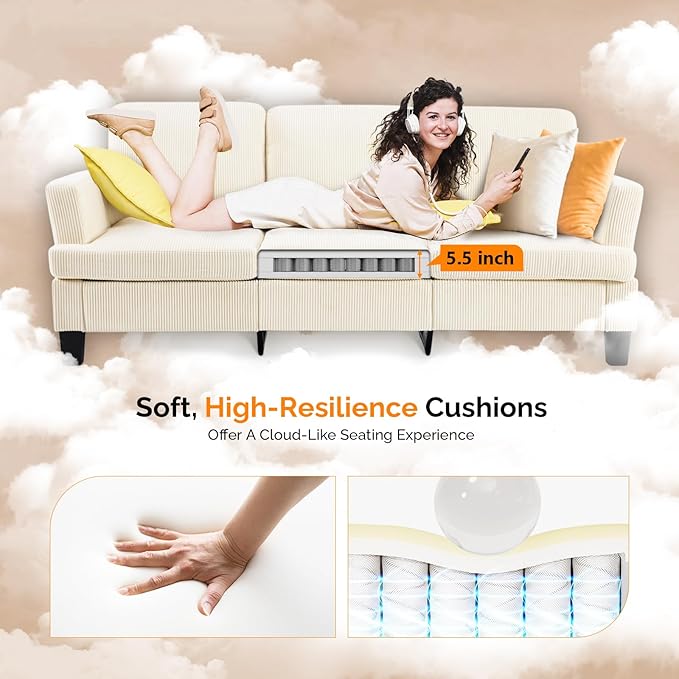 VINGLI Beige 83 Sofa Couches for Living Room Corduroy Modern Comfy 3 Seater Couch 25.6 Deep Seat Upholstery Cozy Sofas for Small Space Bedroom Apartment Home Office