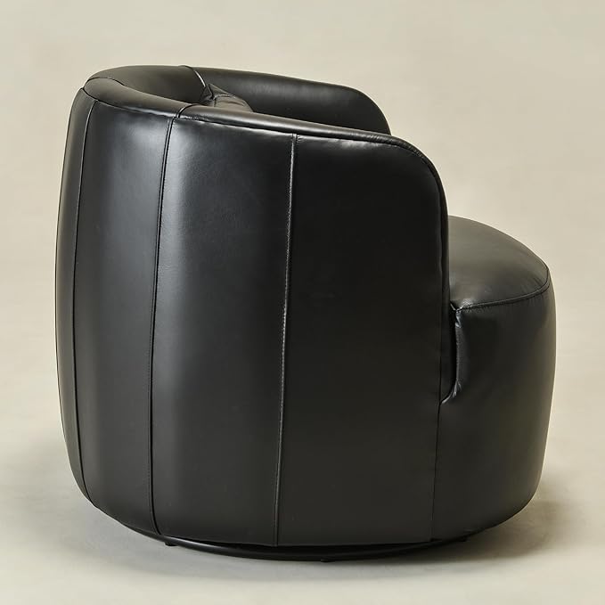 KINWELL 33'' W Top Grain Genuine Leather Swivel Barrel Armchair No Assembly Round Upholstered Leather Swivel Accent Chairs with Toss Pillow for Living Room Office Lounge (Black Genuine Leather)