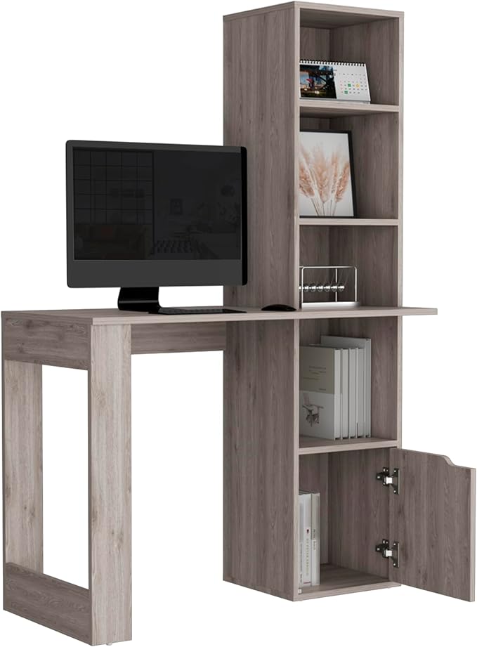 Computer Desk with Bookcase and Cabinet Integrated 4-Tier Bookcase Ample Work Surface Space-Saving for Home Office Living Room