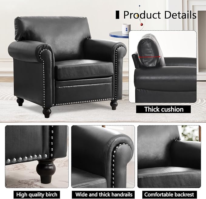 Black Faux Leather ChairComfy Mid Century Modern Accent Chairs Set for Office Bedroom Living Room with Deep Seats Detachable Cushions and Nailhead Rolled Arms Easy Assembly