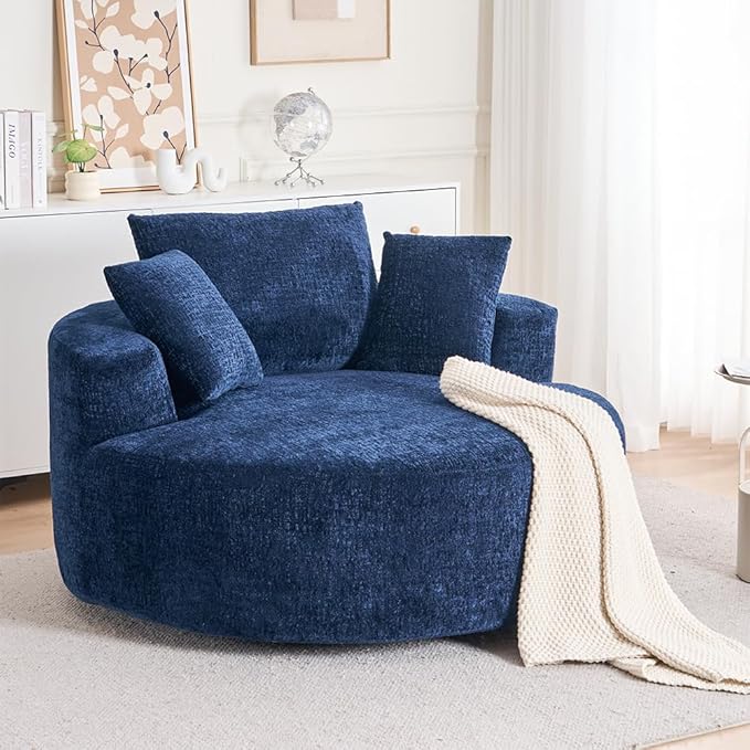 Blue 55 Oversized Swivel Accent Chair Round Barrel Chair with 360° Rotation Chenille Upholstered Deep Seat Lounge Sofa Modern Comfy Single Sofa for Living Room Bedroom Office (Blue)