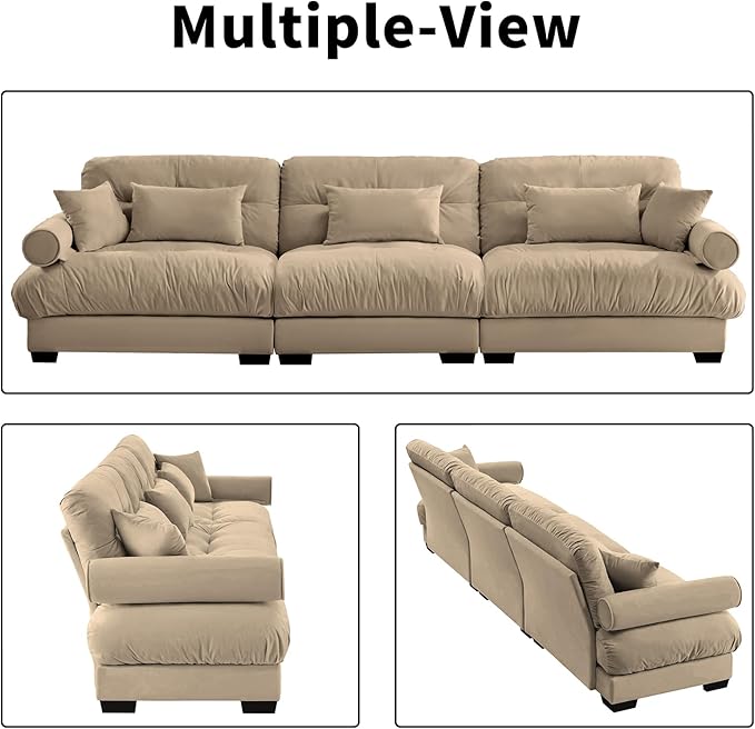 130 Large Sectional Couches for Living Room Cloud Modern Modular Deep Seat Sofa Set Comfy Couches Velvet Fluffy 3 Seater Sofa Set for Bedroom Apartment Taupe