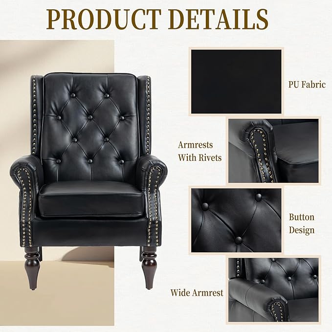Mid-Century Wingback Chair PU Leather Accent Chair Armchair with ButtonsModern Living Room Chairs with Rivet DecorationLeisure Single Sofa Chair for BedroomClubHome Reception (PU Black)