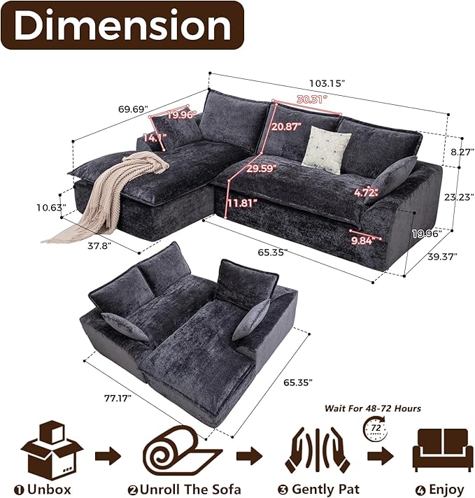 103”Modular Sectional SofaUpholstered Boneless Couch for Living Room BedroomModern Modular L-Shaped Chaise CouchCloud Sectional Sofa with Deep Seat (BlackLeft Facing Chaise)