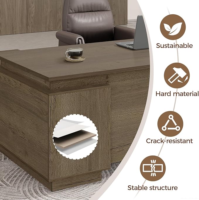 L-Shaped Executive Workstation with Lockable Drawers 63” Large Office Furniture with Storage Cabinet &amp Cable Management Reversible Home Office Setup (Walnut 63”×32”×30”)