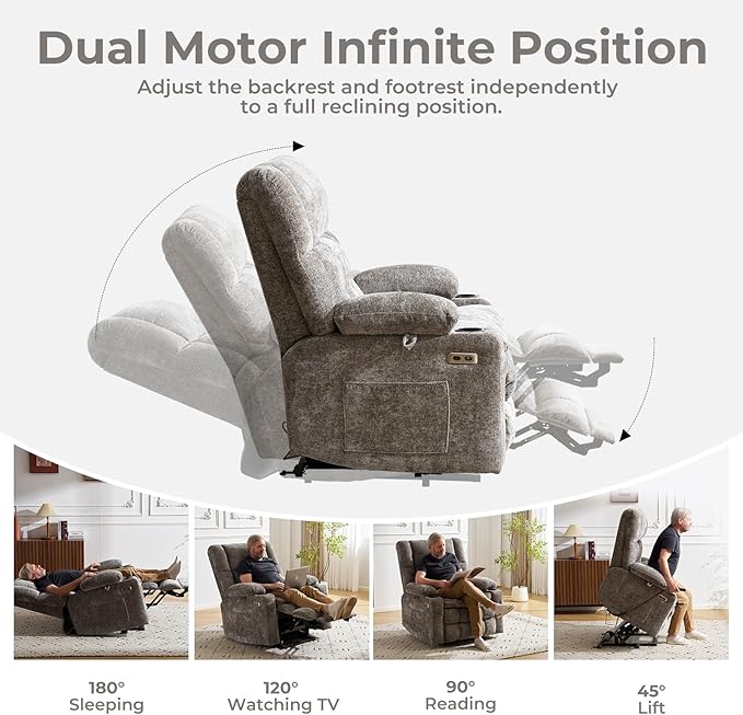 Power Lift Recliner Chair for Elderly with Massage and Heat Dual Motor Electric Lift Chair with Arm Storage Lay Flat Recliner for Big and Tall Infinite Position Gray