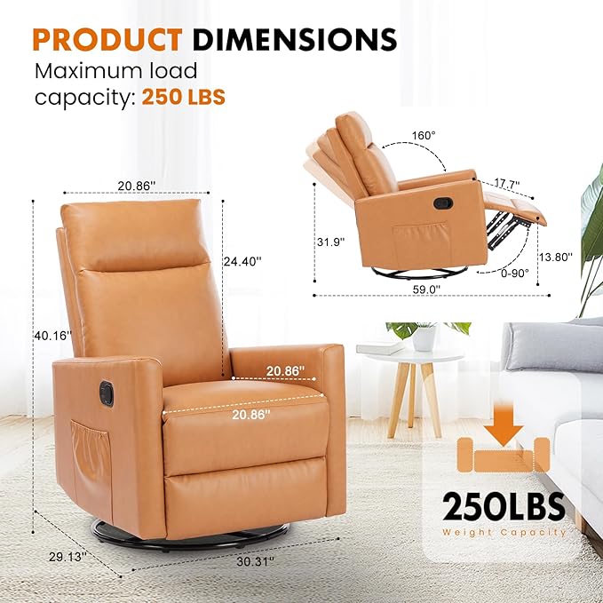 Sweetcrispy Recliner Chair 360 Swivel Rocker Chair for Adults Glider Rocker Recliners Nursery Chairs for Living Room High Back Upholstered Deep SeatGrey