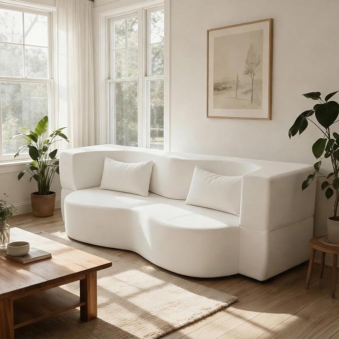78.35 Loveseat Sofa Bed Modern 2-in-1 Convertible Curved Floor Love Seat Couch Teddy Fabric Memory Foam Cloud Couch with 2 Pillows No Assembly for Living Room Apartment Small Space