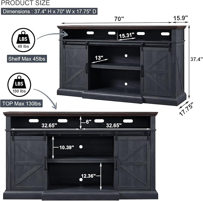Farmhouse TV Stand for 80 Inch TVs 37.4Tall Entertainment Center w/Storage Cabinets and Sliding Barn Door Media Console Cabinet w/Soundbar &amp Adjustable Shelves for Living Room 70 inch (Dark Gr