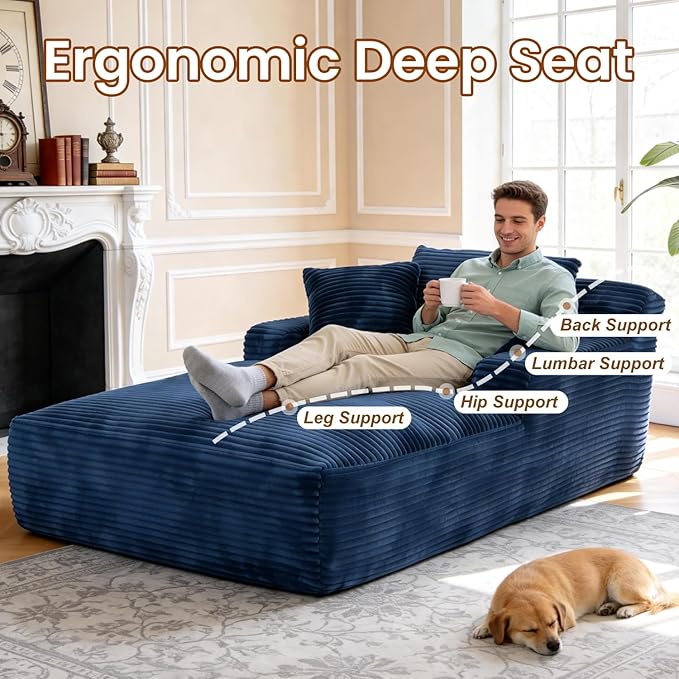 Avenix 79” Oversized Chaise Lounge Chairs Indoor Corduroy Boneless Chaise Lounges Chairs Indoor Deep Seat Big Comfy Reading Chair Cloud Sleeper Chair Sofa Couch Bed for Living Room Blue