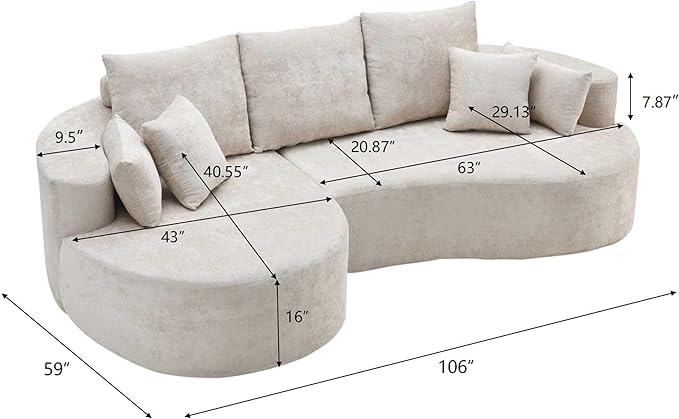 kevinplus 106'' Sectional Curved Sofa Sponge Couch with Chaise Lounge for Living Room L-Shape Modern Sectional Sofa Couch No Wood Structure &amp No Assembly 72 Hour Rebound Silver