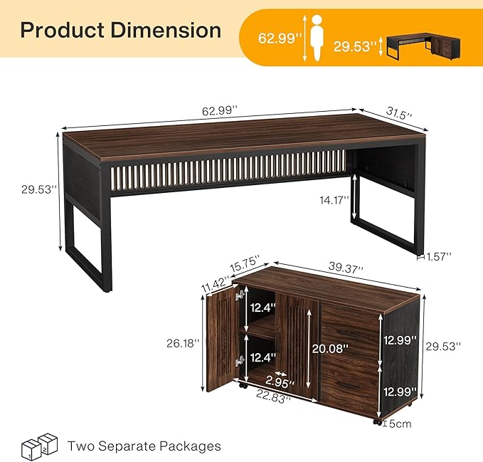 Tribesigns 63-Inch L-Shaped Executive Desk with Mobile File Cabinet Large Office Computer Desk Business Furniture Table with Drawers and Storage Shelves for Home Office Dark Walnut &amp Black