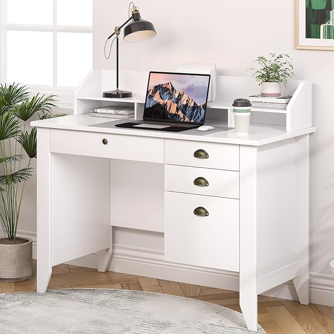 4 EVER WINNER White Desk with Drawers Small Desk with File Drawer for Small Spaces Writing Desk with Monitor Stand Wood Table for Home Office White