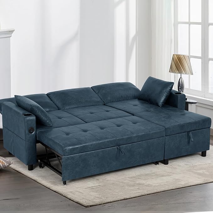 84 L-Shape Pull Out Sofa Bed with Adjustable Backrest Upholstered Sectional Sleeper Sofa with Storage Chaise Suede Leather Reversible Couch Bed with USB Port for Living Room House Blue