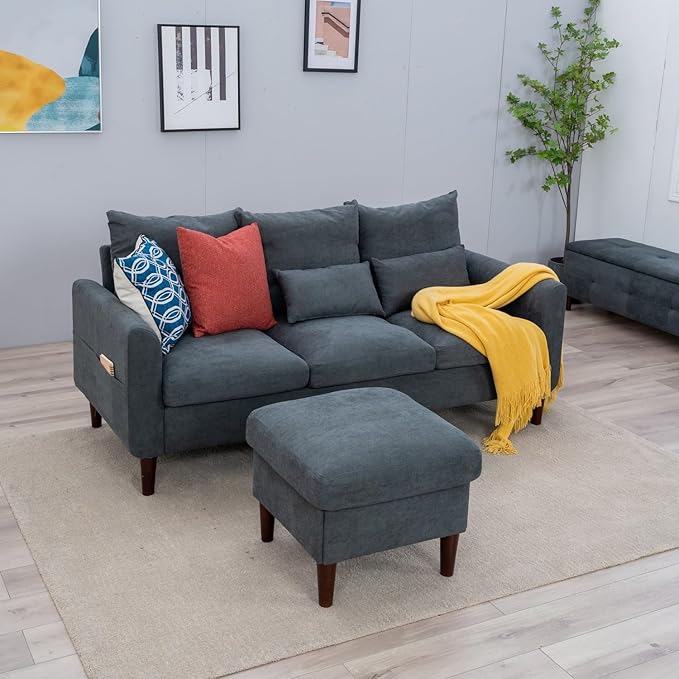 Panana Convertible Sectional Sofa CouchL-Shaped 2 or 3-Seat Sofa Sectional with Reversible Ottoman for Small Living Room Apartment (Gray Linen Fabric 3 Seater with Ottoman - Curved arms)