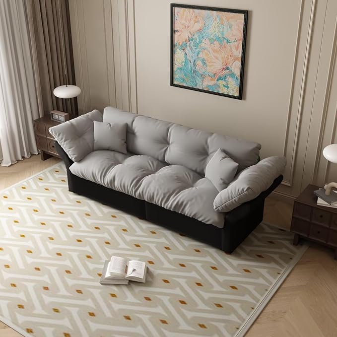 74.8-Inch Queen Size Pull-Out Sofa Bed 3-in-1 Convertible Velvet Loveseat Couch with Tufted Back &amp 2 Pillows Grey
