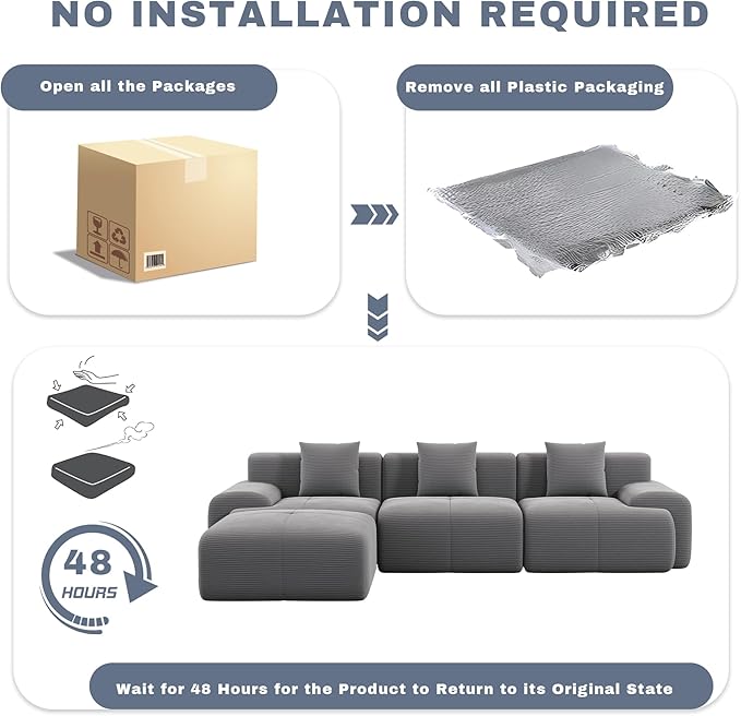 107 Cloud Modular Sectional CouchBoneless Sofa with OttmanL-Shape Upholstered Sofas with Deep SeatModern Cozy Corduroy Couches with Memory FoamNo Assembly Required (Dark Grey)