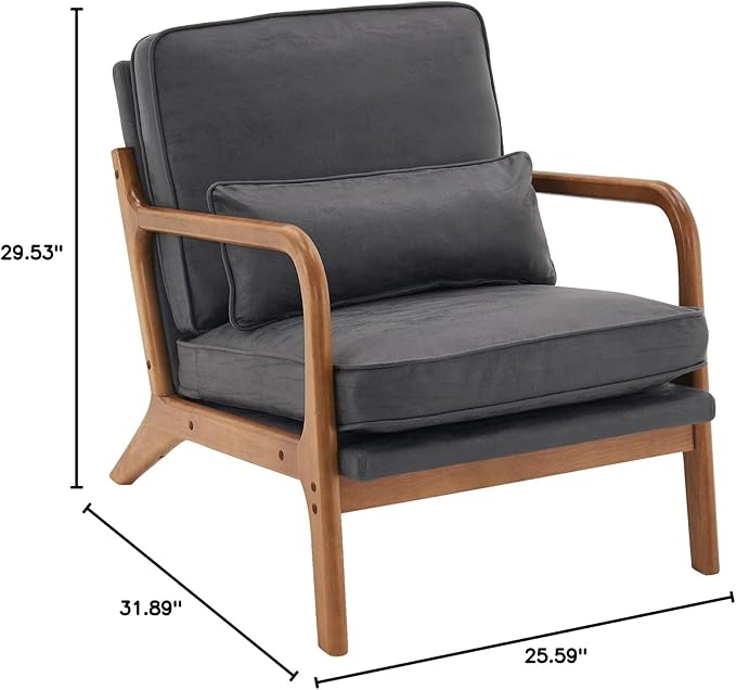 i-POOK Accent Chair Mid-Century Bronzing Cloth Upholstered Armchair with Pillow and Back Cushion Comfy Single Sofa Chair with Solid Wood Legs Reading Chair for Living Room Bedroom Office Dark Grey